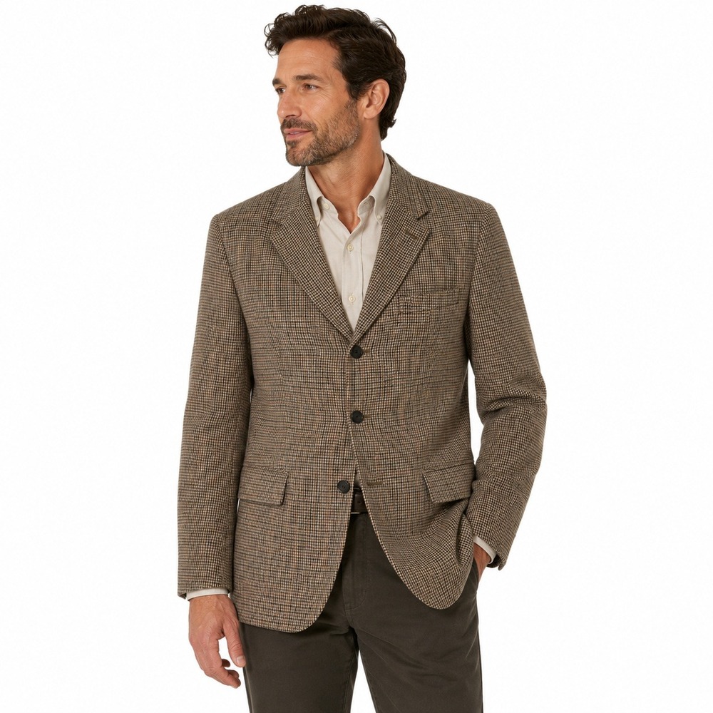 Vintage J.Crew Blazer Mens 42R Brown Houndstooth 100% Wool 3-Button Sport Coat